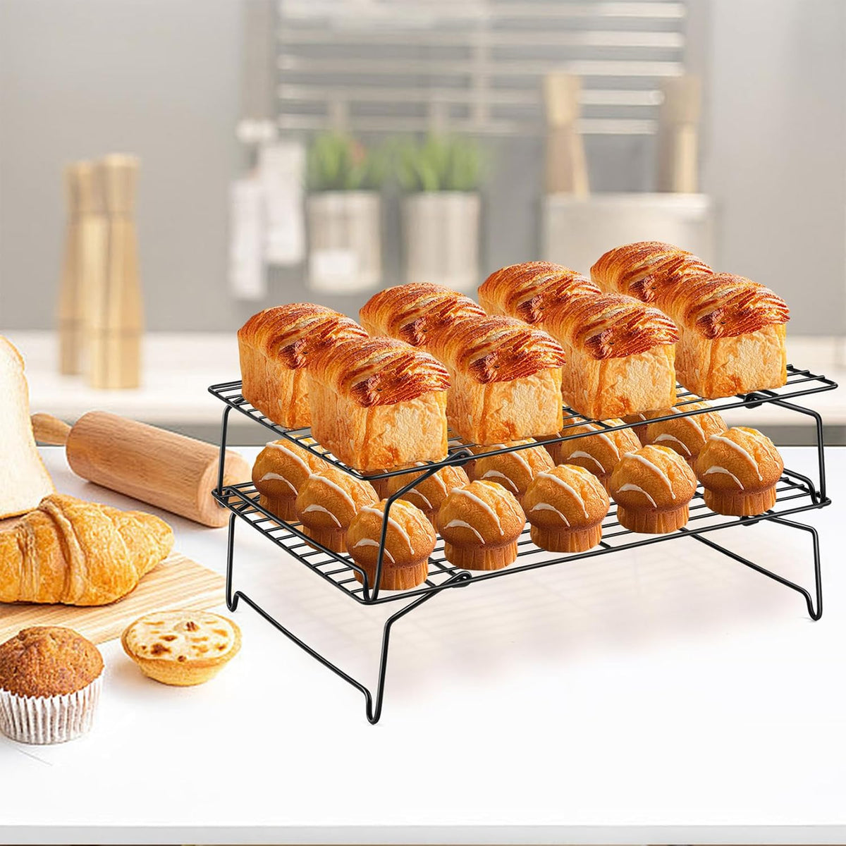 P&P CHEF Cooling Rack Set of 2, 2-Tier 15" x 10" Stackable Rack, Silver