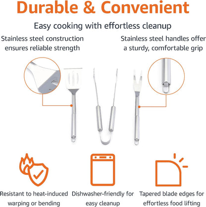 Amazon Basics 4-Piece Stainless Steel BBQ Grilling Tool Set with Carry Bag, Rust-Resistant, Dishwasher Safe