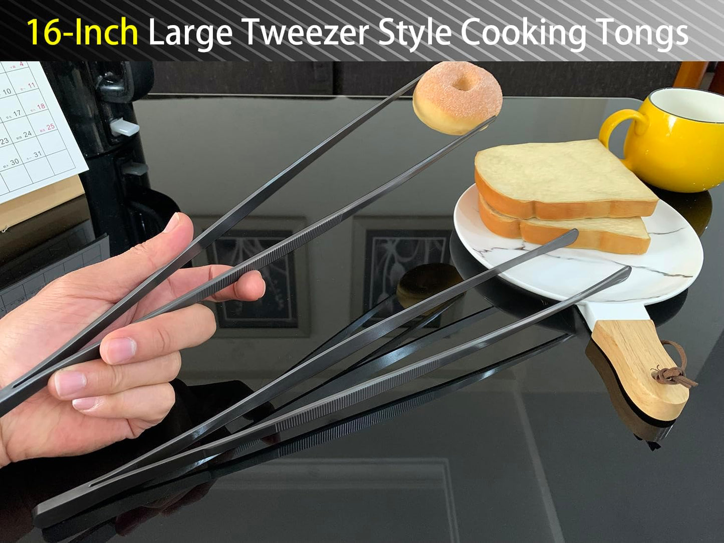 JETKONG 2 Pcs 12-Inch Kitchen Tweezers Tongs with Precision Serrated Tips, Stainless Steel Chef Tweezer Professional Cooking Tweezers for BBQ, Plating and Serving (12-Inch, Black)