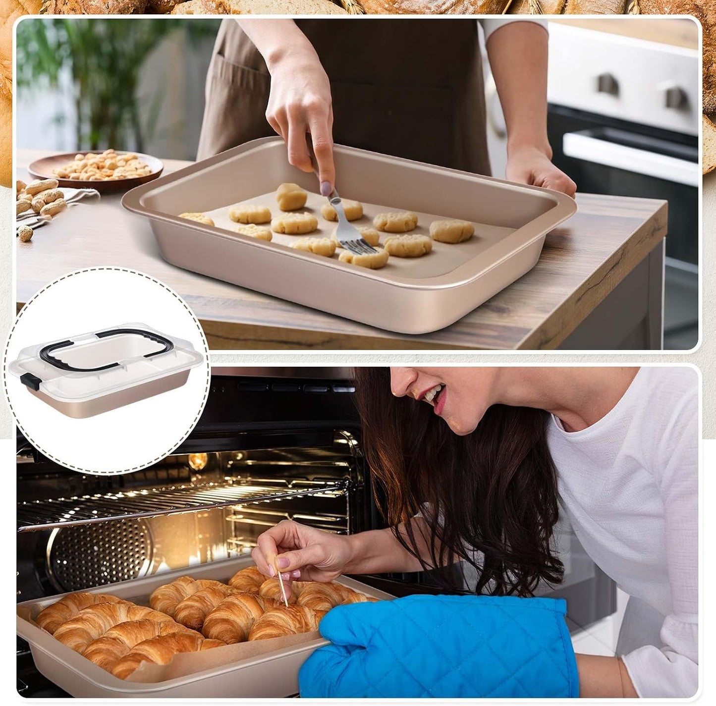 Qinyoung 1 Pcs Cake Baking Pan with Lid and Handle, 9 x 13 Inch Non-stick Rectangle Sheet Cake Pan Carrier for Brownie Roasting Cooking Baking (Black)