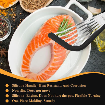 Nonstick Fish Spatula With Silicone Edge, FENGCHEN Silicone Fish Spatula, Heat-Resistant Fish Turner Spatula,Fish Spatulas For Cooking, For Scrapping, Flipping, Frying, Turning Foods (Silver)