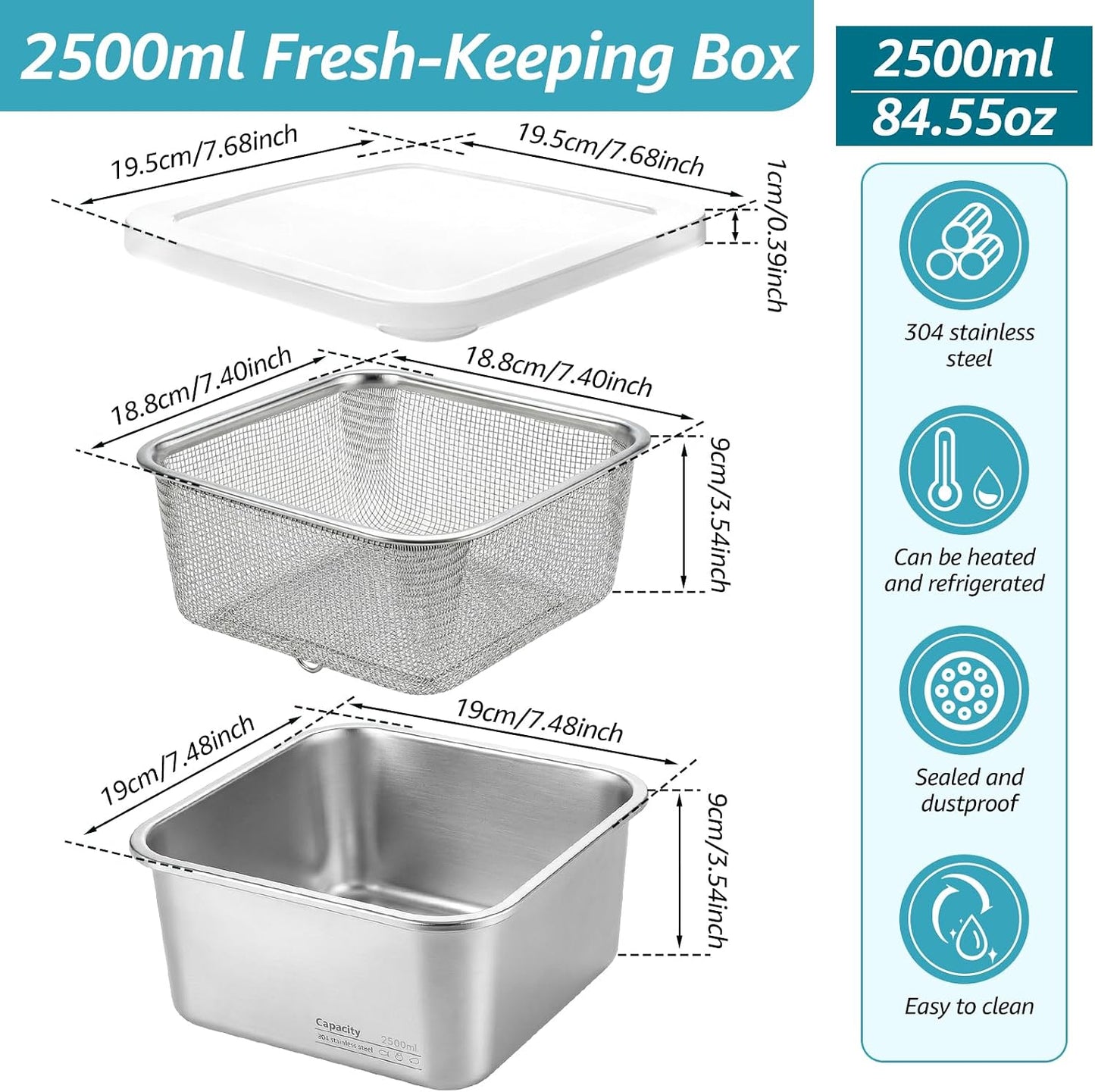 Stainless Steel Colander Set, Square Strainer with Lid for Draining Vegetable Washing Rice, 2 in 1 Strainer Bowl & Food Storage Container Food Preparation Box Bowl (1500ml)