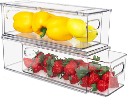 Abiudeng 2 Pack Stackable Refrigerator Organizer Bins with Pull-out Drawer, Drawable Clear Fridge Drawer Organizer with Handle, Plastic Kitchen Pantry Storage Containers