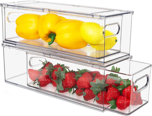 Abiudeng 2 Pack Stackable Refrigerator Organizer Bins with Pull-out Drawer, Drawable Clear Fridge Drawer Organizer with Handle, Plastic Kitchen Pantry Storage Containers