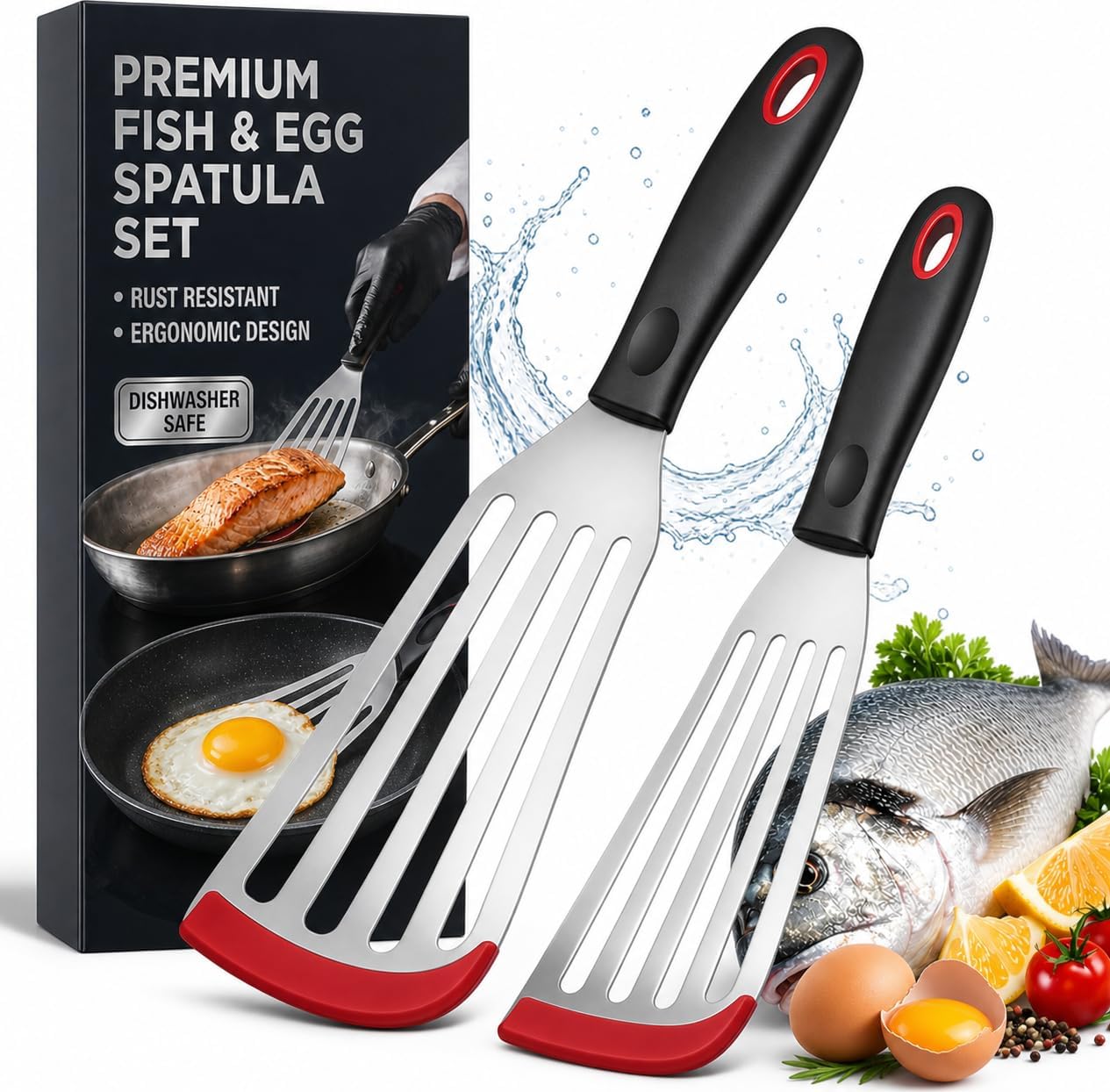2pcs Silicon Fish Spatula | Heat Resistant | Stainless Steel Turner with Black Handle, Silicone Edge, Thin Slotted Metal Flipper for Nonstick Cookware, Fish, Omelets, Egg, Pancake, Steak