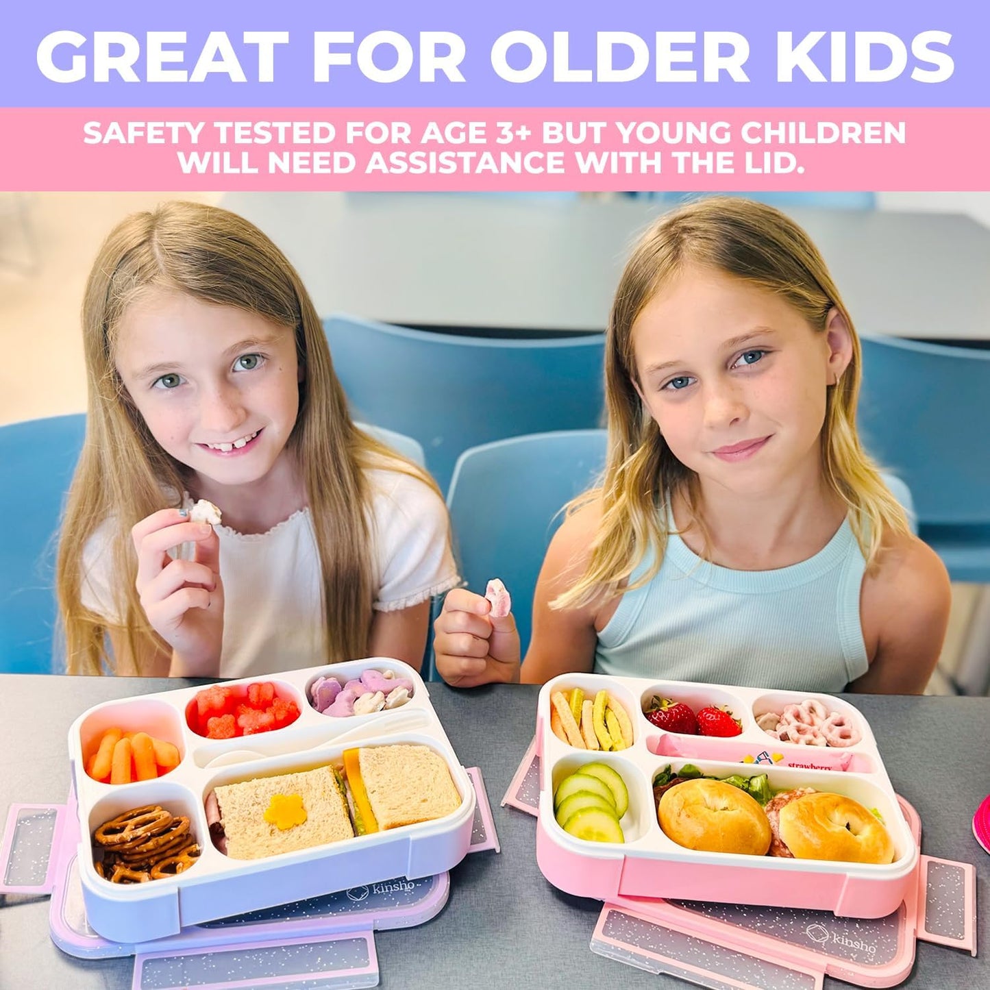 Glitter Lunch Box for Girls, Bento Boxes for School, Pre-School, Toddler Daycare, Travel. Kids Snack Containers, 6 Divided Leak Proof Compartments, BPA Free, Cute 2 Pack Set, Utensils, Pink & Purple
