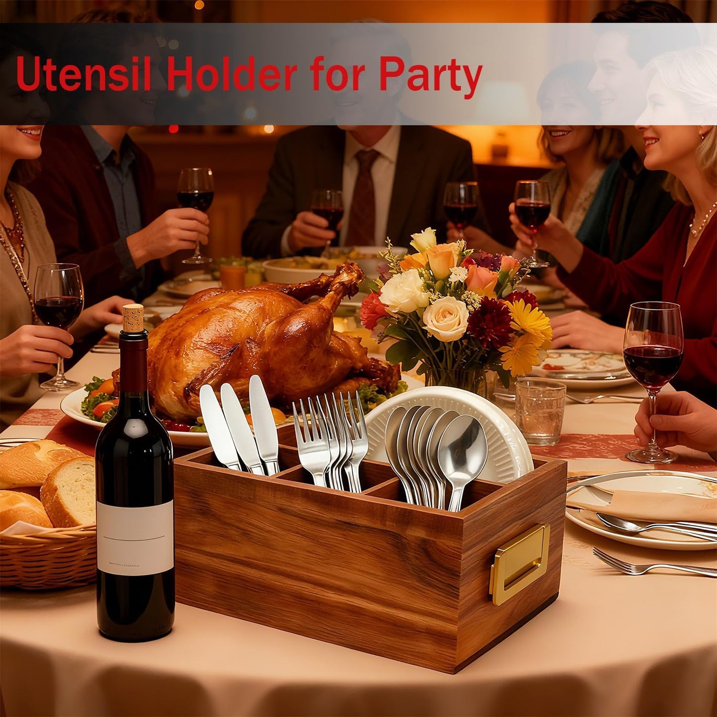 Acacia Silverware Holder for Party with Handle - Paper Plate Holders for Countertop - Wooden Utensil Caddy for Parties - Kitchen Spoon and Fork Organizer Silverware Caddy for Party Camping