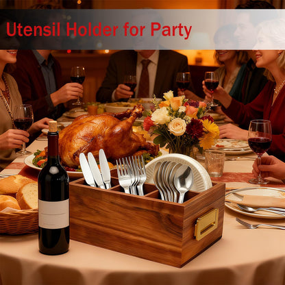 Acacia Silverware Holder for Party with Handle - Paper Plate Holders for Countertop - Wooden Utensil Caddy for Parties - Kitchen Spoon and Fork Organizer Silverware Caddy for Party Camping
