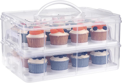 BTSKY 2 Tier Clear Plastic Cupcake Holder with Lid & Handles, Portable Cupcake Carrier for 24 Cupcakes, Stackable Cupcake Storage Container with Convenient Slot Tray Large Plastic Storage Box, White