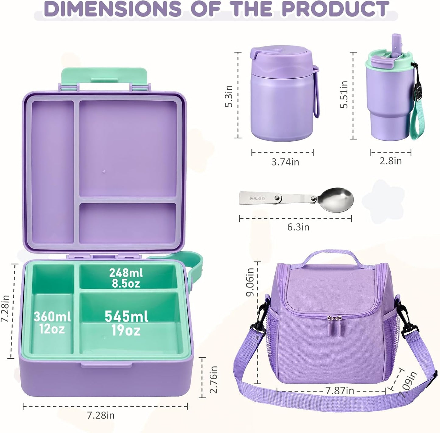 Pawtong Lunch Box Set with Bento Box Container, 17OZ Stainless Steel Food Soup Thermo, Kids Water Bottle & Portable Insulated Lunch Bag, Leakproof, Hot/Cold Retention for School, Travel (Purple-Horse)