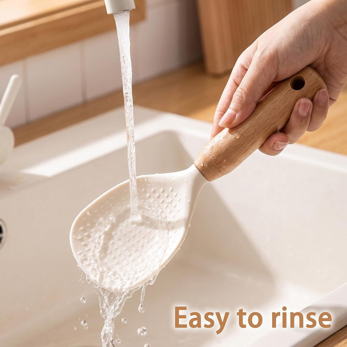 Standing Silicone Rice Scooper, Non Stick Rice-Cooking Spoon Paddle Heat Resistant Rice Spatula with Wooden Handle for Kitchen Cooking, Mixing, Scoop, Scrape, Beige