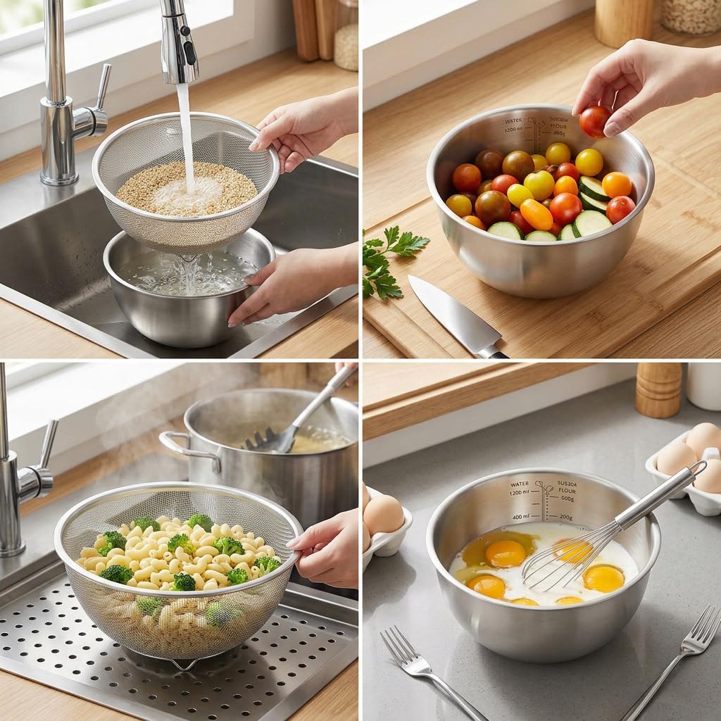 304 Stainless Steel Colander Set, 1.5QT Colander with Bowl, 30-Mesh Micro Perforated Strainer for Rice, Quinoa, Pasta, Fruits & Vegetables,2 pack