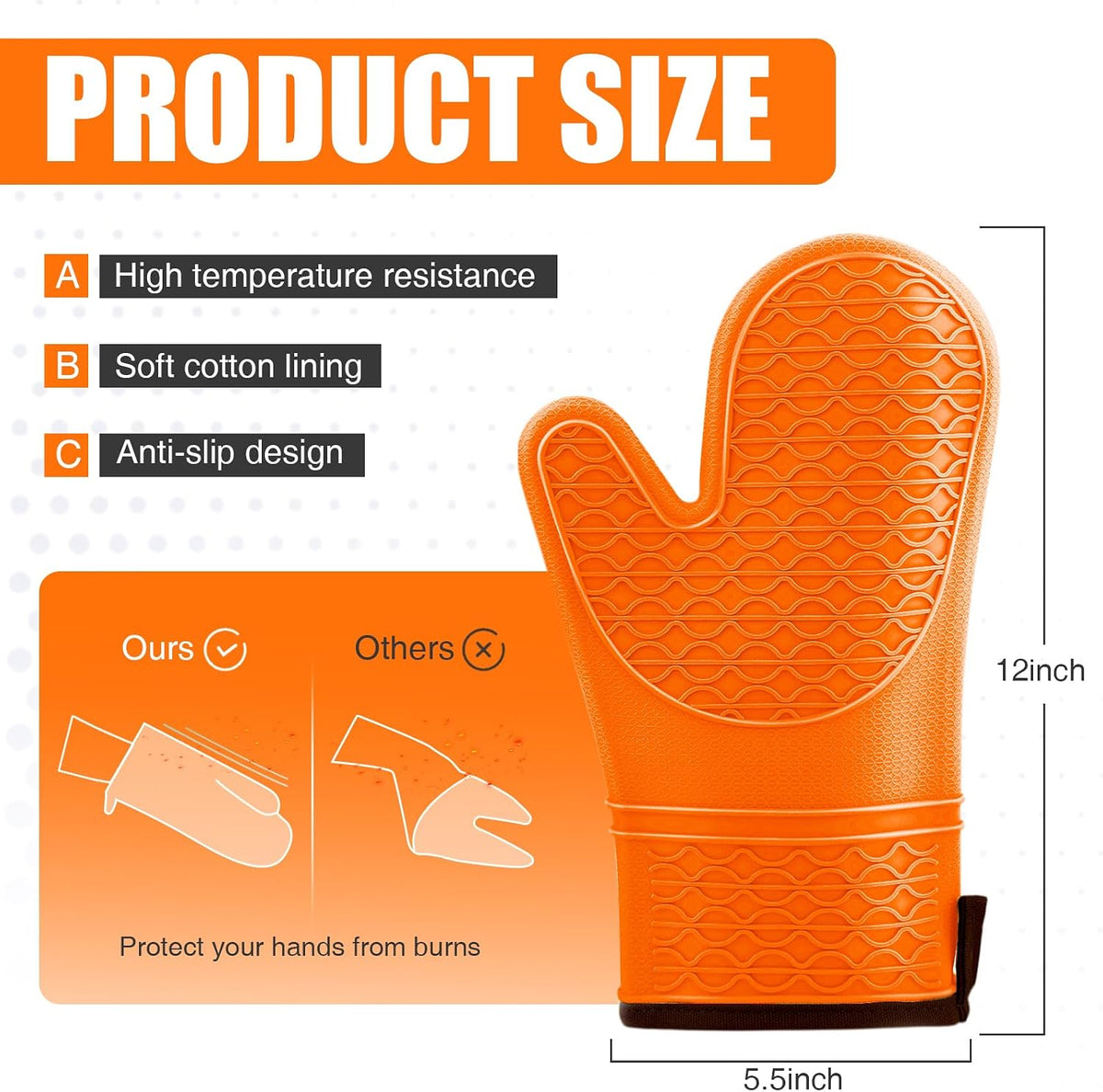 Silicone Oven Mitts, Heat Resistant 2PCS Oven Mitts with Soft Cotton Lining, Waterproof Non-Slip Grip Oven Glove, Kitchen Potholder Mits for BBQ, Baking, Cooking, 12.5 Inch - Grey