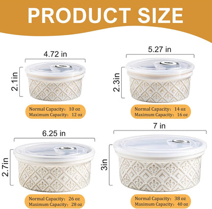 Airtight Food Storage Containers with Lids Mixing Bowls Set, Ceramic Serving Bowls with Lids Set of 4, 12/16/28/40 oz Stackable Nesting Salad Bowls for Cooking, Baking, Ramen - Beige