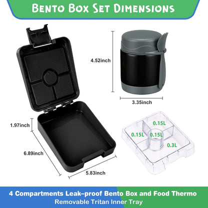 Pawtong Bento Lunch Box Set With 10oz Soup Thermo, Leak-proof Lunch Containers with 4 Compartment, Kids Hot Thermo Food Jar/Insulation Lunch Bag, Food Containers for School（Dinosaur）