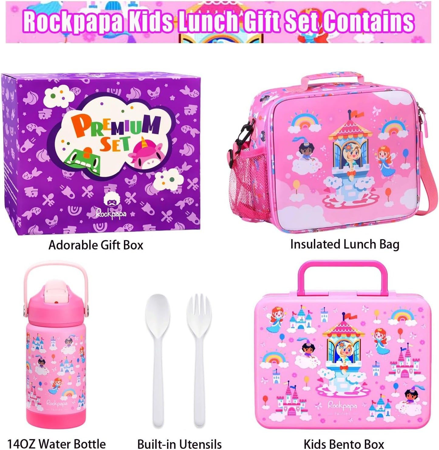rockpapa Kids Lunch Box Set with 14oz Insulated Water Bottle & Lunch Bag, Leakproof 5.5 Cups Bento Box for School & Children, BPA-Free, Microwave Safe for Boys Girls (Grey Constr Turcks)