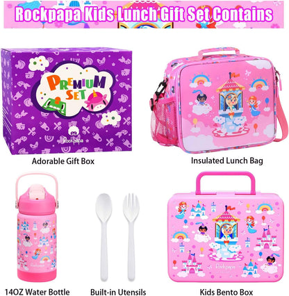 rockpapa Kids Lunch Box Set with 14oz Insulated Water Bottle & Lunch Bag, Leakproof 5.5 Cups Bento Box for School & Children, BPA-Free, Microwave Safe for Boys Girls (Grey Constr Turcks)