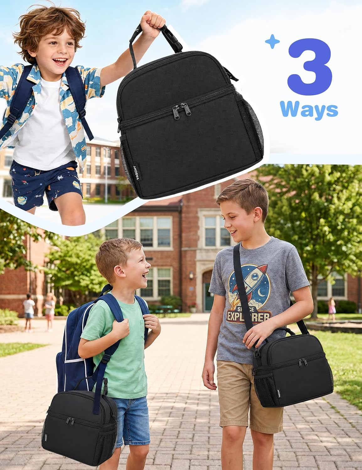 VASCHY Lunch Box Bag for Kids, Insulated Double Compartments Cooler Lunch Tote for Toddlers Boys Girls School/Daycare/Picnic Black Dinos