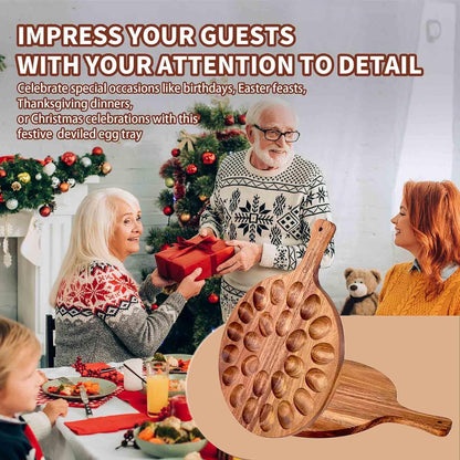 2-Pack 24 Holes Deviled Egg Platter,Acacia Wooden Round Deviled Egg Charcuterie Board Tray Holder Carrier with Handle for Kitchen Countertops