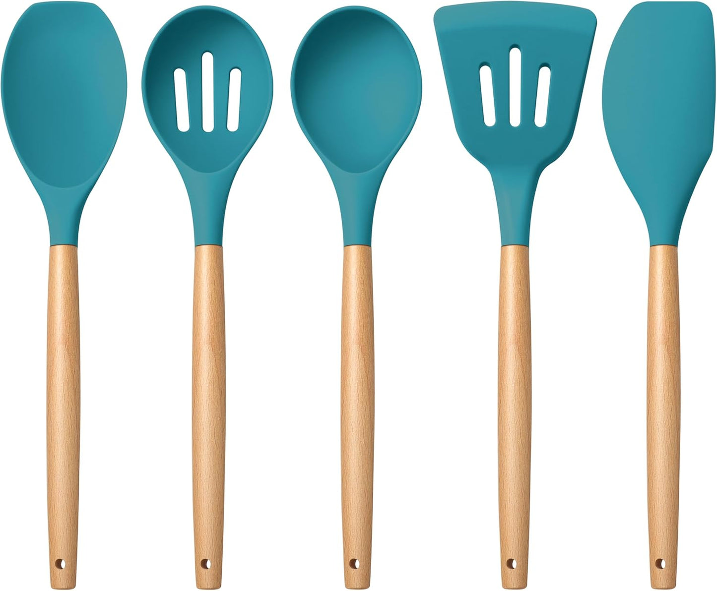 E-far Silicone Cooking Utensils Set, 5-Piece Kitchen Utensils Set with Wooden Handle for Cooking, Silicone Kitchen Nonstick Tools Spatula Turner Slotted Spoons, Nontoxic & Heat Resistant-Khaki