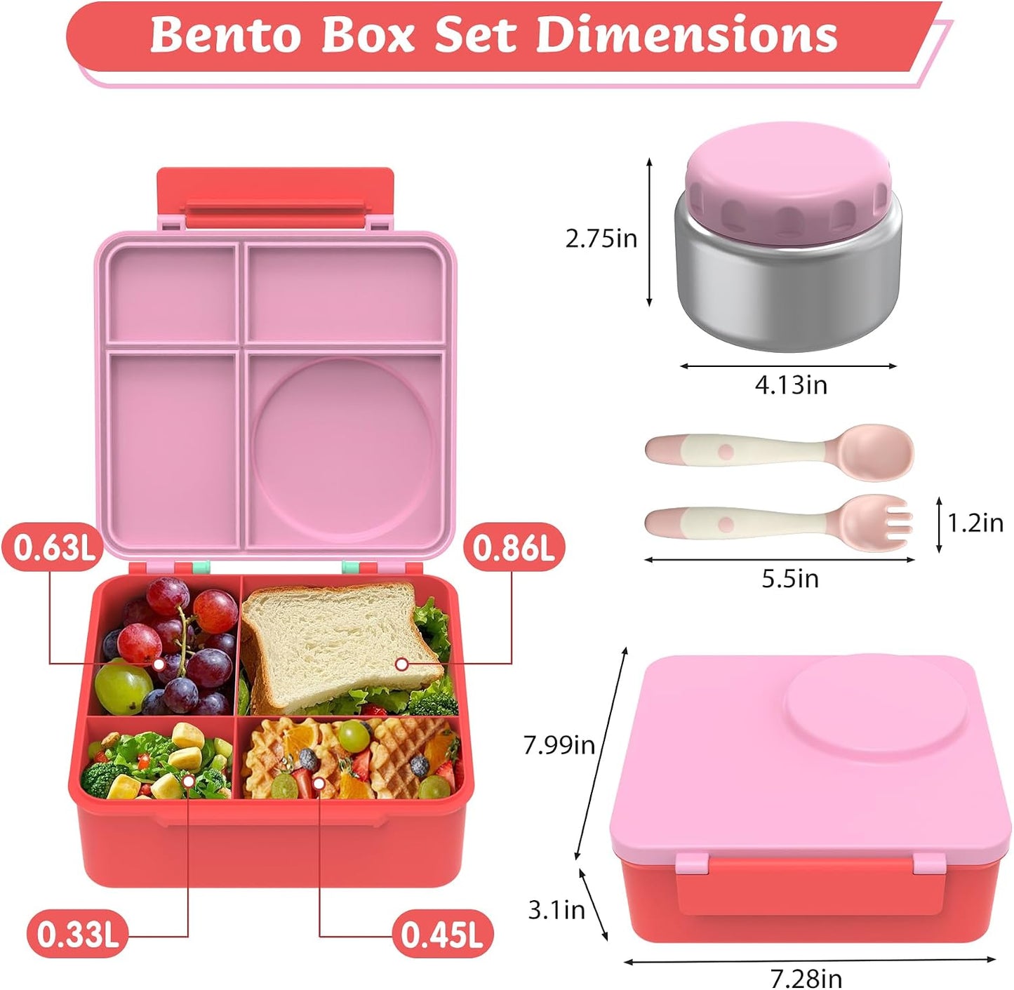 Bento Lunch Box Set for Kids with 8oz Soup Thermo, Leak-Proof Lunch Containers with 4 Compartment, Thermo Hot Insulated Food Jar and Foldable Fork Spoon, for Kids to School (pale pink)