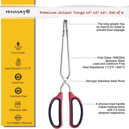 HINMAY 10" 12" 16" Stainless Steel Kitchen Tongs Set, Non-Slip Comfortable Grip Scissor Tongs for Cooking, Grilling & Serving, Set of 3