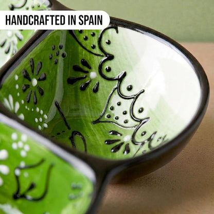 Ceramic Chip & Dip Bowl 7.5”, 3-Compartment Divided Serving Dish & Condiment Tray for Appetizers – Handmade in Spain, Lead-Free Glaze, Microwave, Oven & Dishwasher Safe