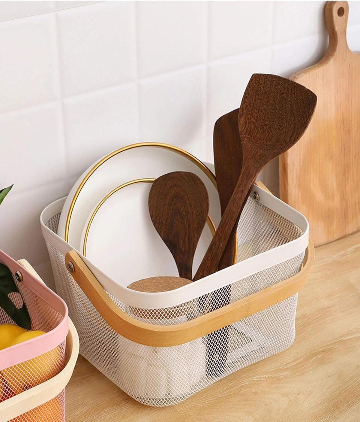 AJIODA Metal Mesh Steel Basket, Storage Organizer Basket Multi-functional Hanging Kitchen Baskets Fruit Basket Bin with Bamboo Handle for Kitchen Bathroom Picnic Shopping Decor Cabinet Home, Blue