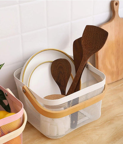 AJIODA 2 Pack Metal Mesh Steel Basket, Storage Organizer Basket Multi-function Hanging Kitchen Baskets Fruit Basket Bin with Wood Handle for Kitchen Bathroom Picnic Cabinet Home Decor, White