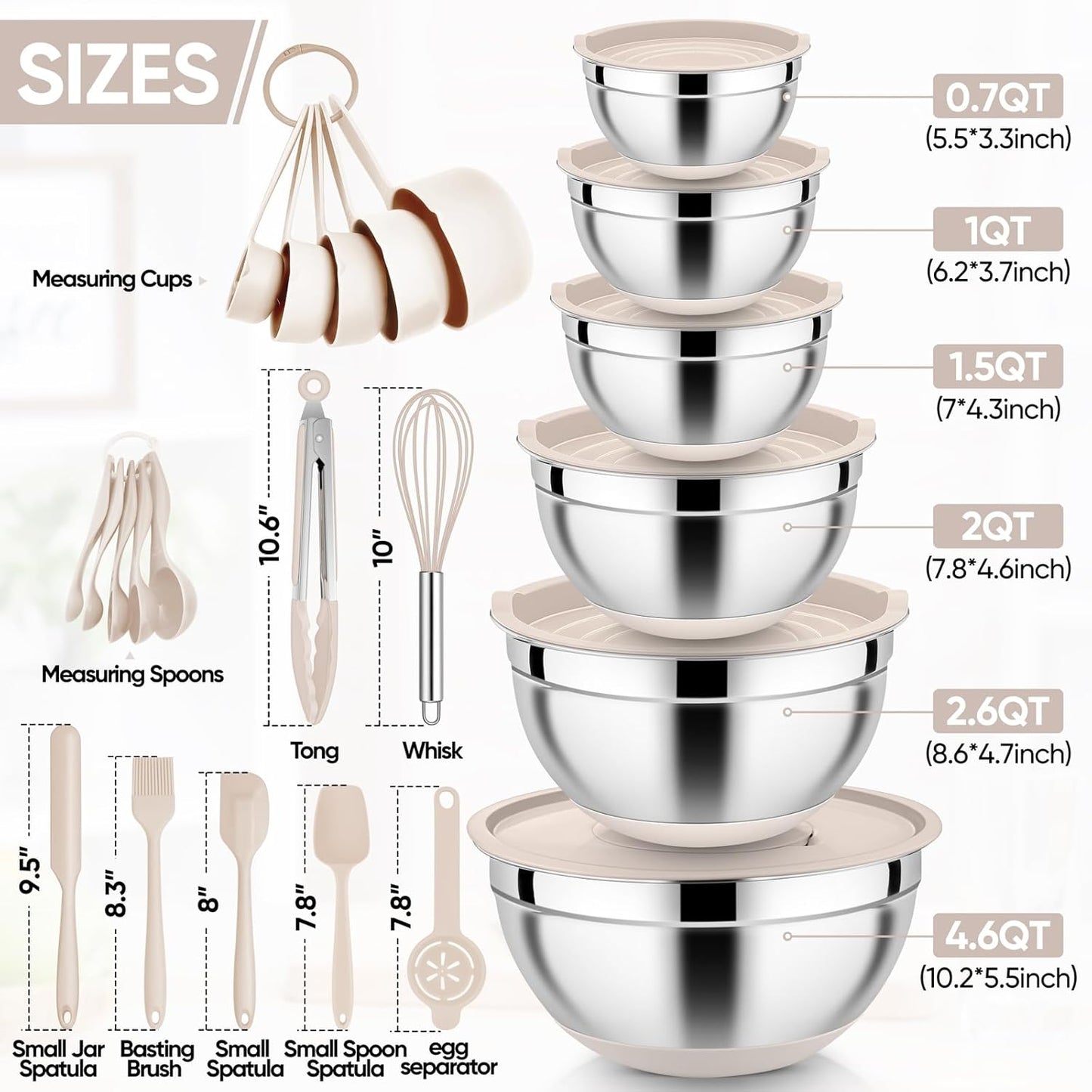 E-far 25PCS Mixing Bowls with Lid Set, Stainless Steel Nesting Prep Bowls with Grater Attachments Non-Slip Bottoms for Cooking, Serving, Food Storage, 4.6/2.6/2/1.5/1/0.7QT - Khaki