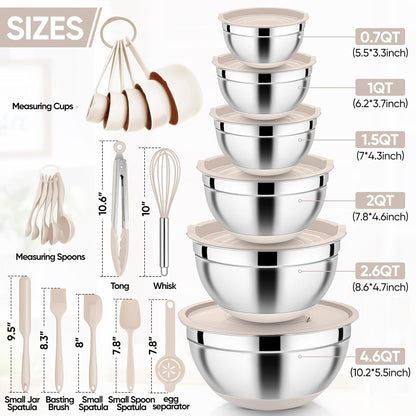 E-far 25PCS Mixing Bowls with Lid Set, Stainless Steel Nesting Prep Bowls with Grater Attachments Non-Slip Bottoms for Cooking, Serving, Food Storage, 4.6/2.6/2/1.5/1/0.7QT - Khaki