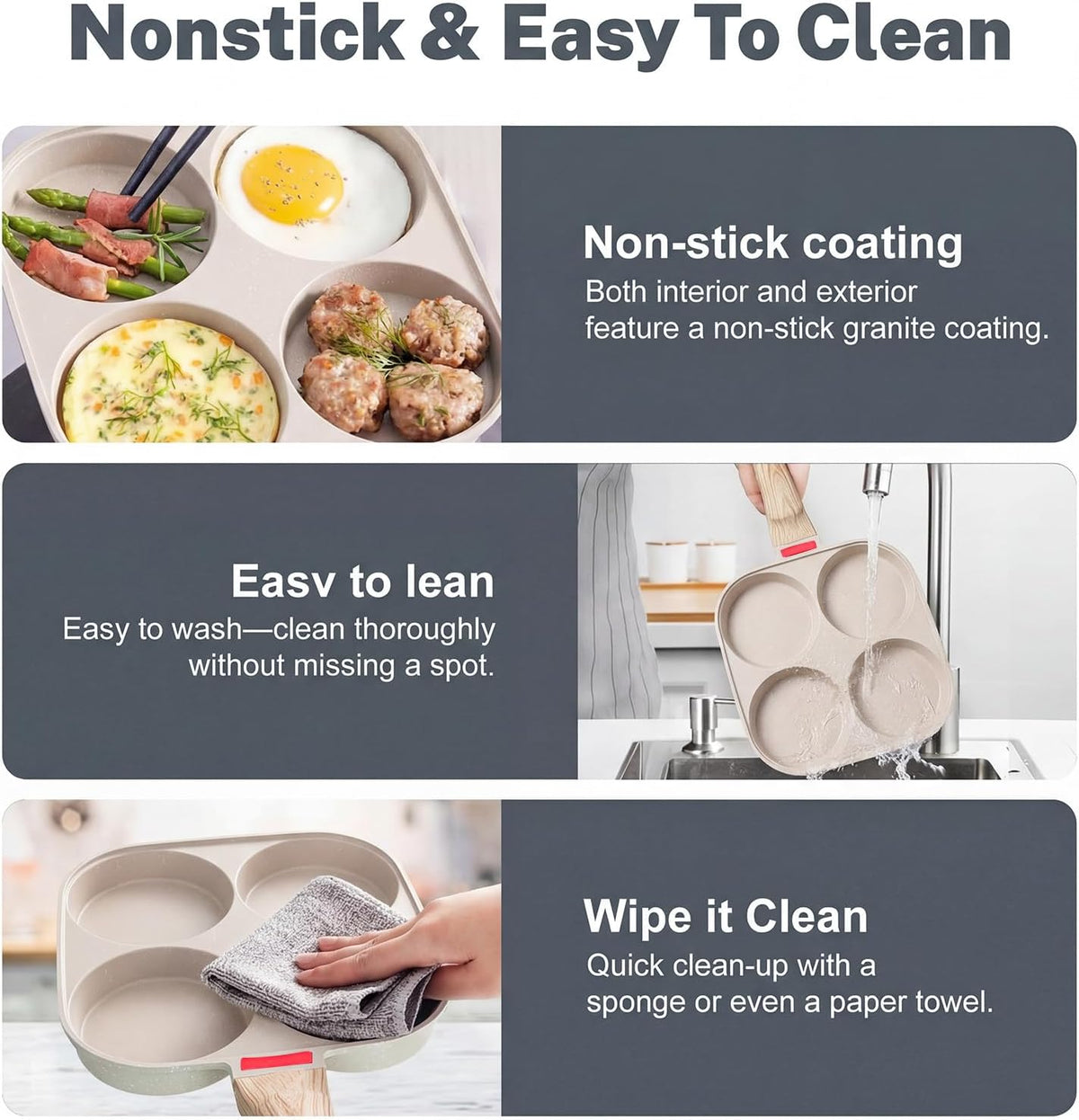 Ywmoml 4‑Cup Nonstick Egg Pan Set with Lid, Includes Silicone Scraper, Oil Brush, Chopsticks & Cleaning Cloth – Compatible with Gas & Induction Cooktops