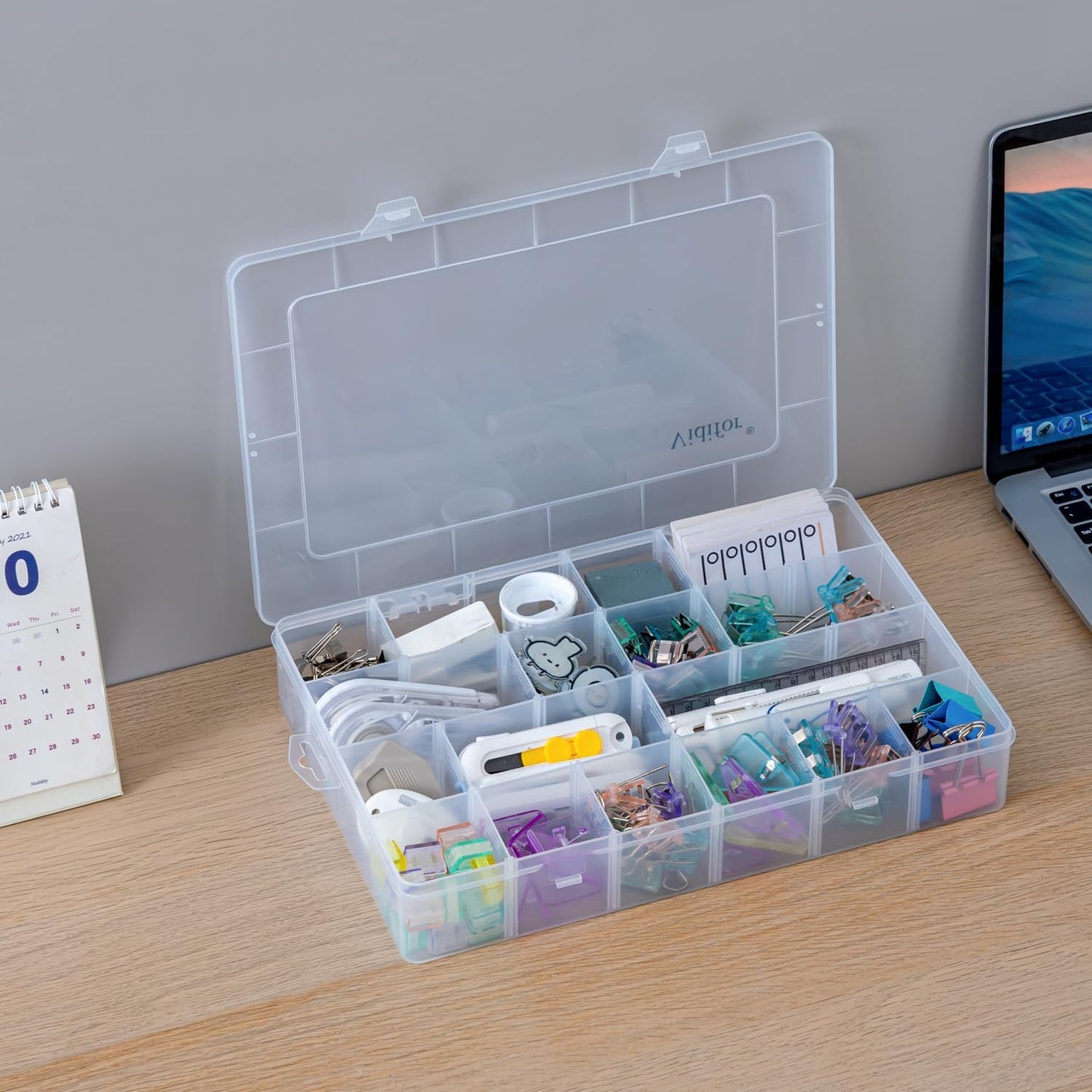 Vidifor 24-Grid Large Plastic Storage Box with Removable Dividers, Multi-compartment Organizer for Home, Office, Crafts, or School Supplies (1, Large)