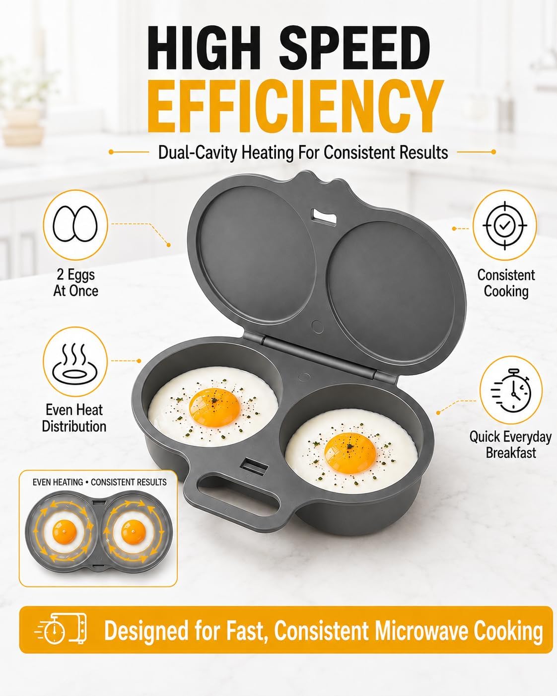 Microwave Egg Poacher, 2 Egg Cooker with Lid, Dual Cavity Design, Black