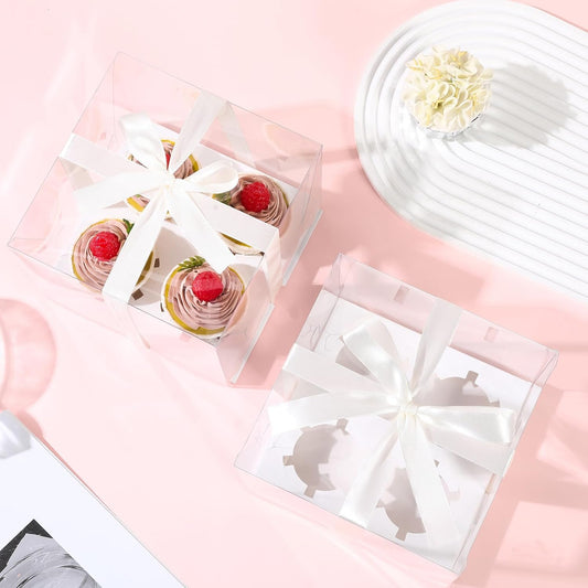 JCD 4 Pack Clear Cupcake Boxes, Plastic Cupcake Containers with Gift Ribbon, 5.5inches height Holder 6 Count Cup Cake Boxes for Parties, Baking, Wedding, Transport (6count/4pcs)