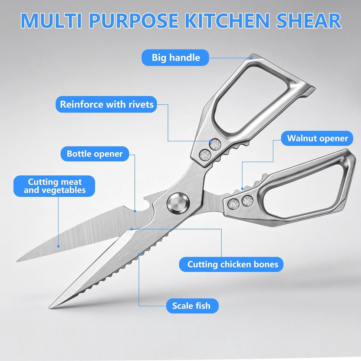 Heavy Duty Kitchen Scissors, Stainless Steel All-Purpose Food Shears - Sharp Cooking Scissors for Poultry, Dishwasher Safe, Silver