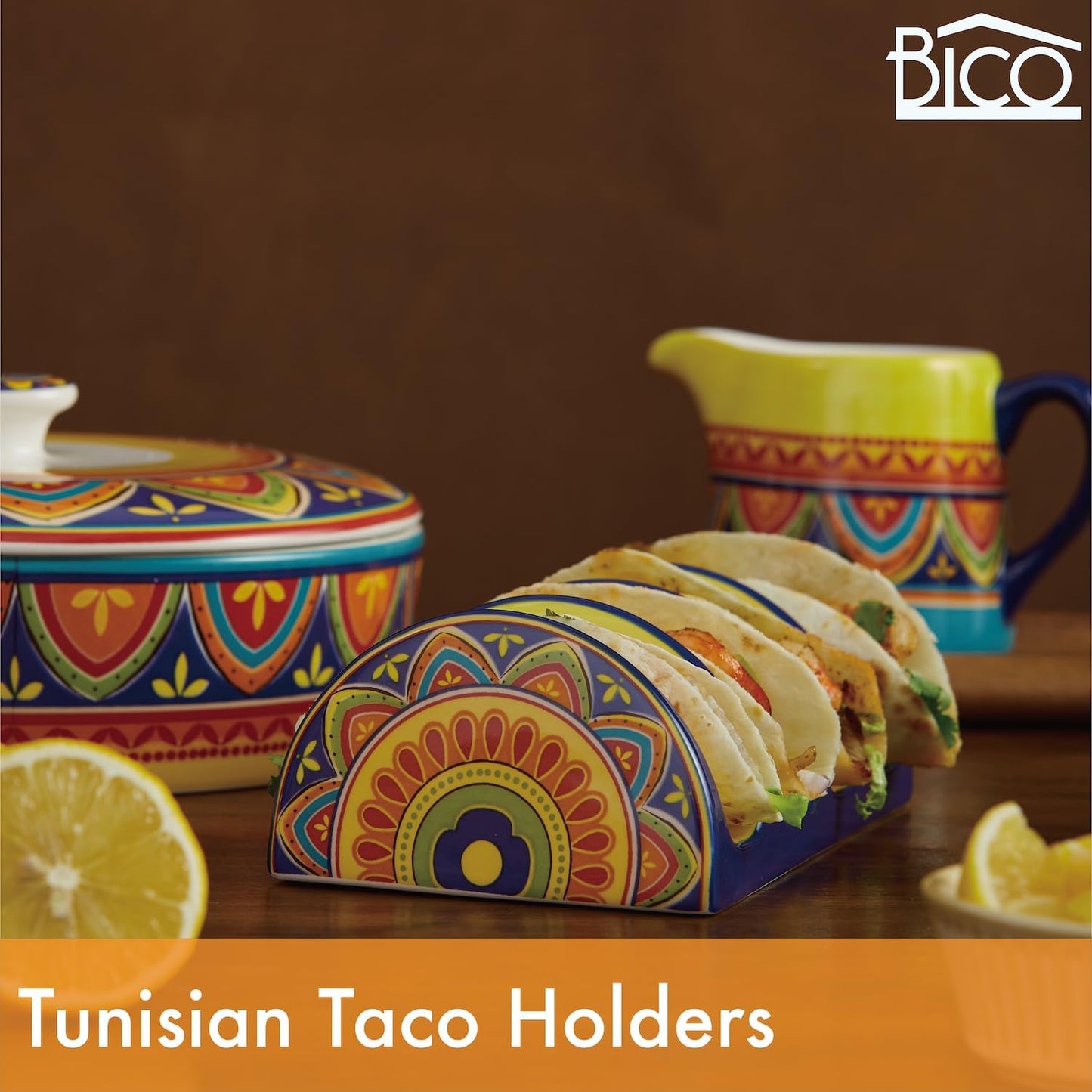 Bico Blue Talavera Ceramic Taco Holder, Taco Stand Rack Tray, Microwave and Dishwasher Safe