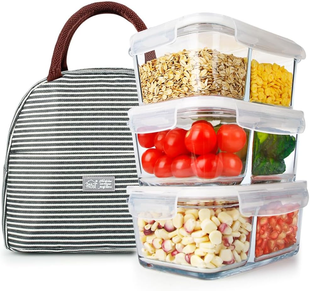 DAS TRUST 3 Pack Bento Box Glass Meal Prep Containers - 3 Compartment Glass Food Storage Containers with Lids - Lunch Box Meal Prep Bowls - Oven Safe