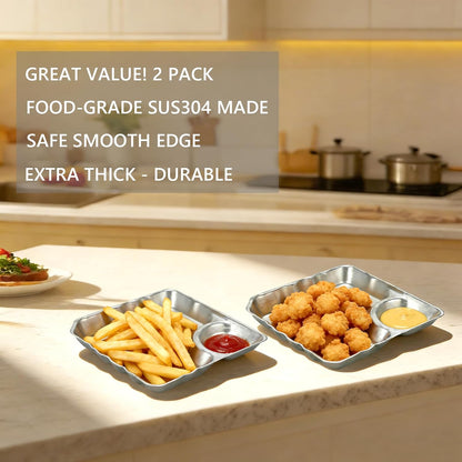 304 Stainless Steel Square 2 Pack Small Snack PlatesChip and Dip Serving Set Small Retro Matte Metal Plates with Dipping Section for Snacks, Dips, Sauces (Square)