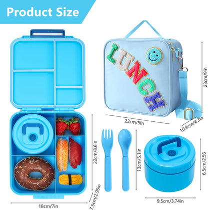 Bento Lunch Box for Kids with 8.5oz Soup Thermo, Kids Leakproof Lunch Food Containers with 4 Compartment, Blue Nylon Insulated Lunch Bag Adjustable Strap for Girl Teens School Travel Picnic