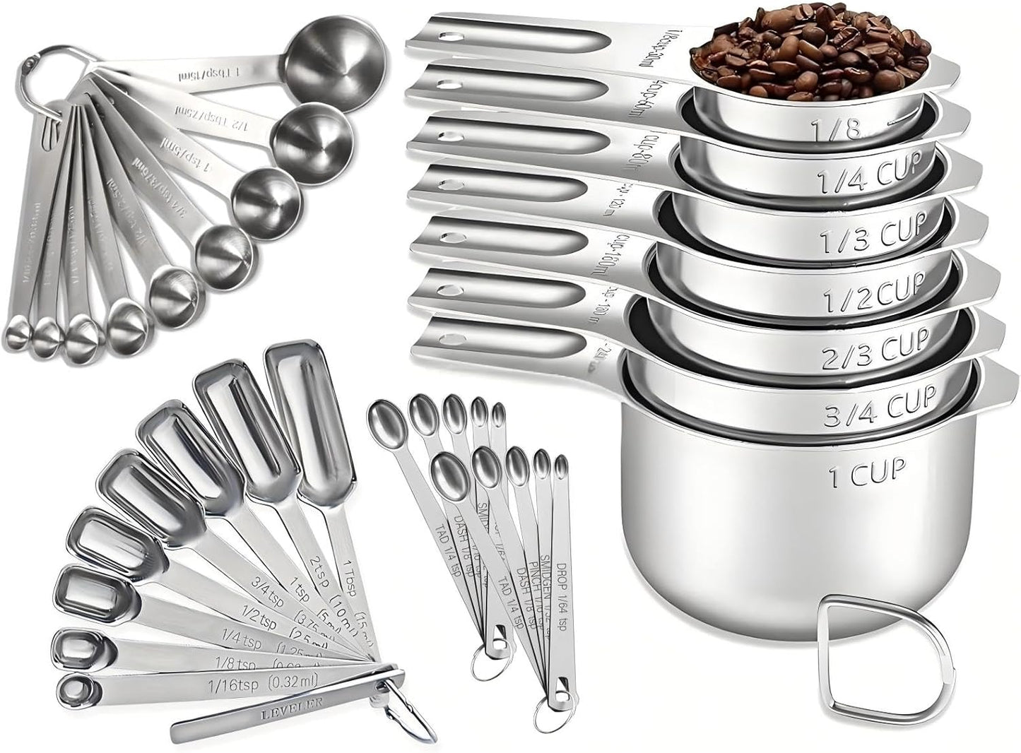 35PCS Stainless Steel Measuring Cups and Spoons Set, 7 Nesting Measuring Cups, Round & Rectangular Spoons with Clear Engraved Markings, 2-Pack Mini Spoon Sets with Leveler for Precise Cooking & Baking