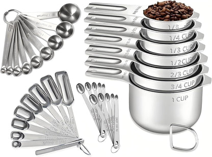 35PCS Stainless Steel Measuring Cups and Spoons Set, 7 Nesting Measuring Cups, Round & Rectangular Spoons with Clear Engraved Markings, 2-Pack Mini Spoon Sets with Leveler for Precise Cooking & Baking