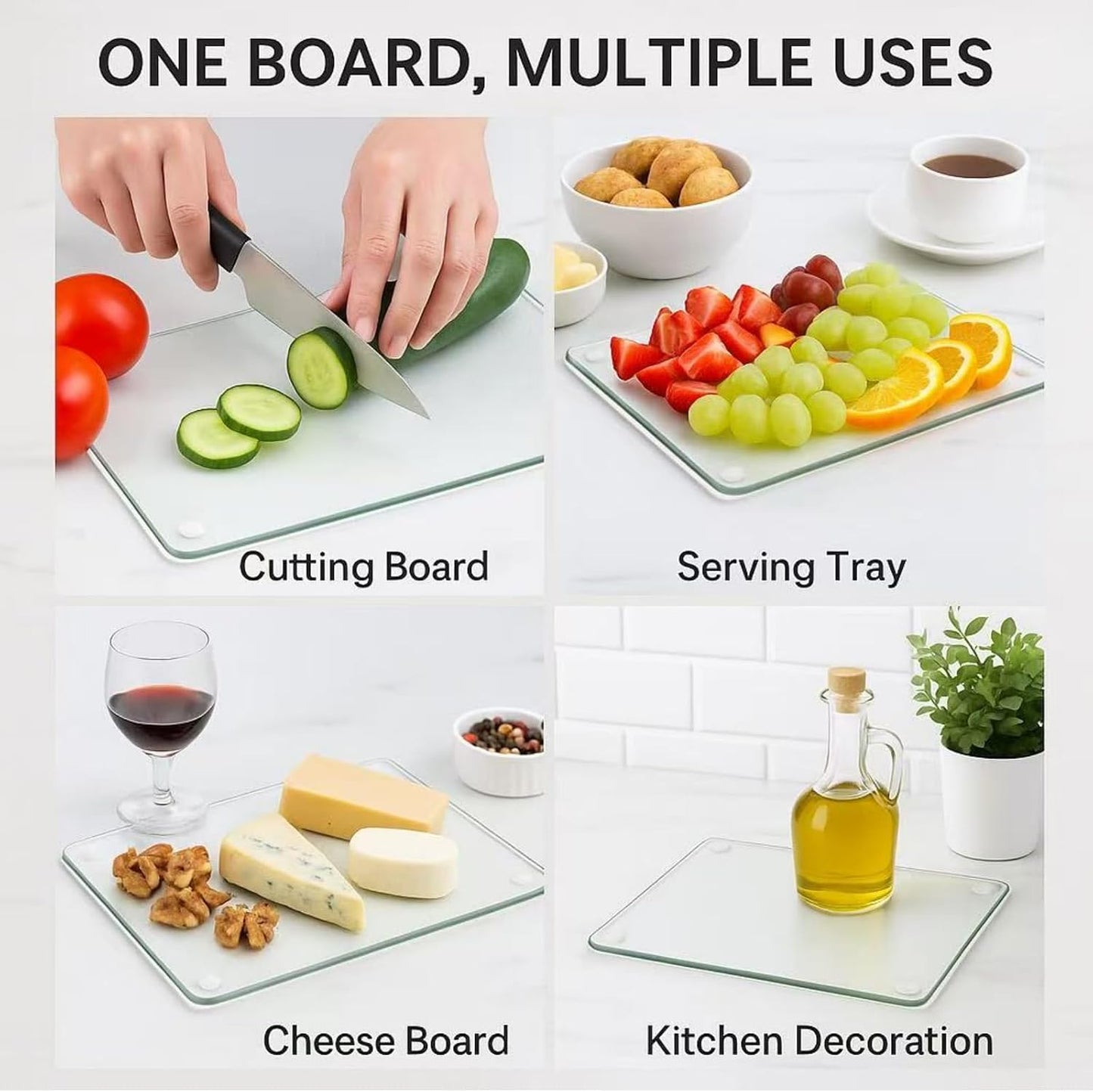 Set of 4 Tempered Glass Cutting Boards for Kitchen, Clear Chopping Board with Non-slip Rubber Feet for Countertop, Rectangle Chopping Block Long Lasting Shatter-Resistant Heat-Resistant, 2 Size