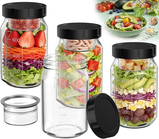 4Pack Glass Salad Jars with Lids, 32oz Salads Mason Jars with Wet/Dry Separation Cup, Meal Prep Salad Containers for Lunch, Leakproof Wide Mouth Food Storage Containers, BPA-Free Reusable (Black)