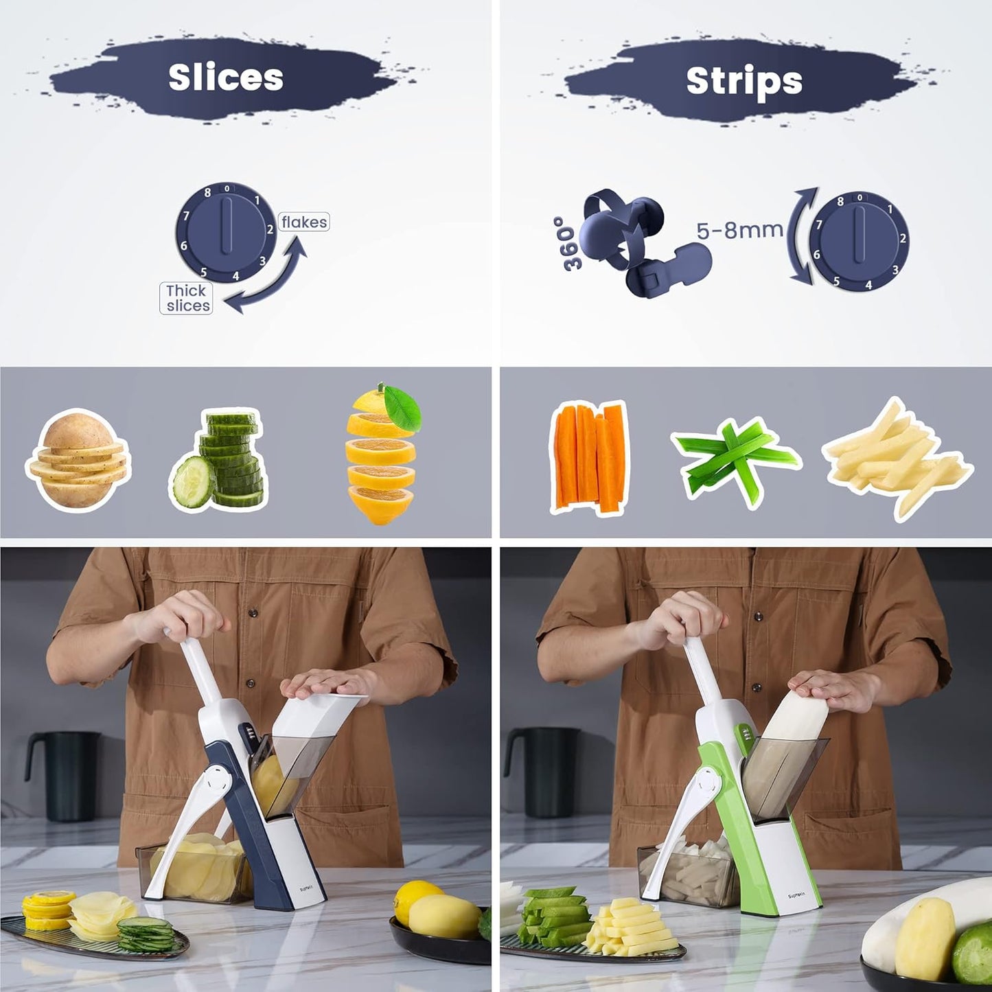 SUPMAKIN Safe Mandoline Slicer, Adjustable Vegetable Food Slicer and Chopper, Potato Fries Fry Cutter, Veggie Salad Chopper, New Kitchen Chopping Artifact Gifts 2026 (SliverGray)