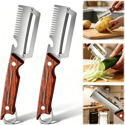 2PCS Multifunctional Vegetable Peeler, 3 in 1 Multi-function Stainless Steel Thickened Fruit Peeler Knife With wooden handle & bottle opener and grater for Peeling Fruits and Shredding Scallions