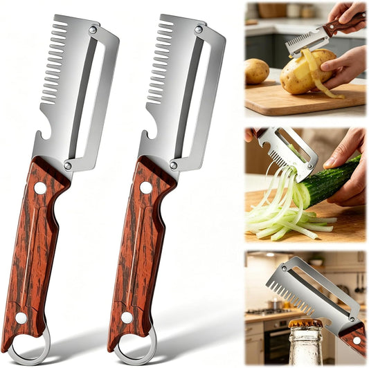 2PCS Multifunctional Vegetable Peeler, 3 in 1 Multi-function Stainless Steel Thickened Fruit Peeler Knife With wooden handle & bottle opener and grater for Peeling Fruits and Shredding Scallions