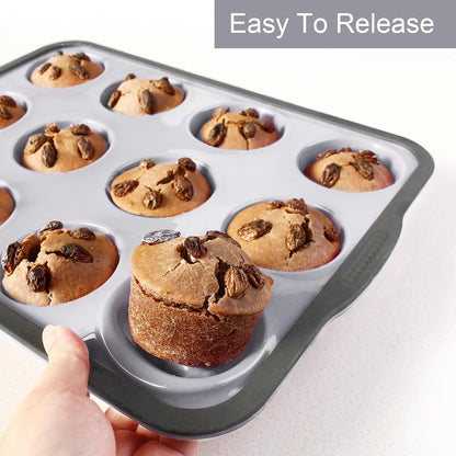 Aichoof Non-Stick Silicone Muffin Pan With Reinforced Stainless Steel Frame Inside,12 Cup Regular Muffin Baking Mold, 12 Cup Muffin Tin, BPA Free,Dishwasher Safe, Gray