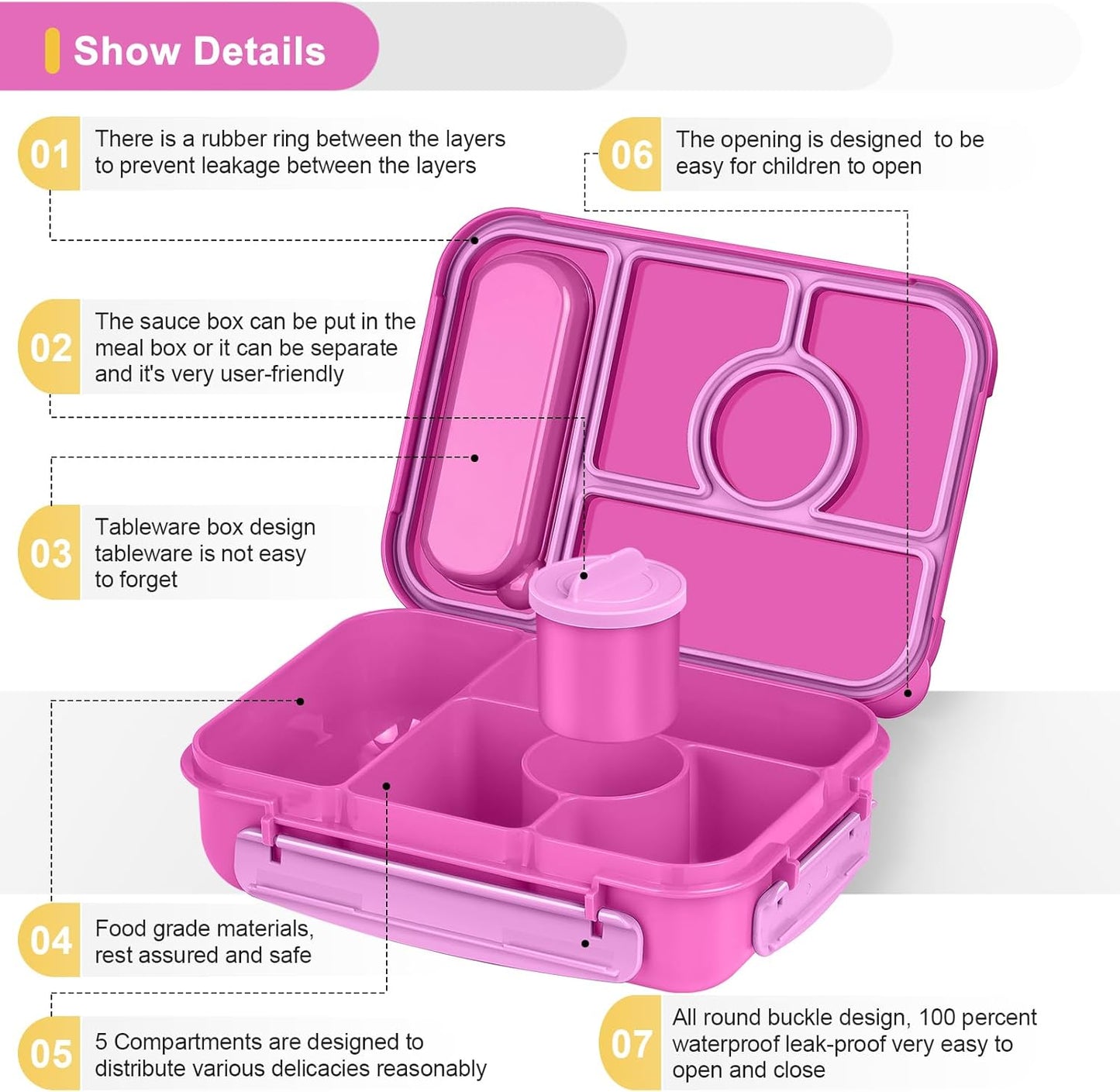 Amathley Bento Box Adult Lunch Box Kids,Lunch Containers for Adults/Kids/Toddler,5 Compartments Bento Lunch Box with Sauce Vontainers,Microwave & Dishwasher & Freezer Safe,BPA-Free (Blue)