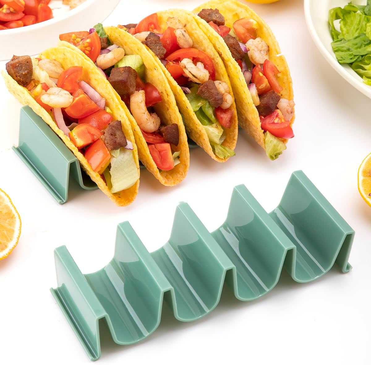 Dark Green Taco Holder Stand - 2 Pack, Wave Shape Taco Tray for Party, Holds 4 Tacos Each, Dishwasher Safe & Stackable